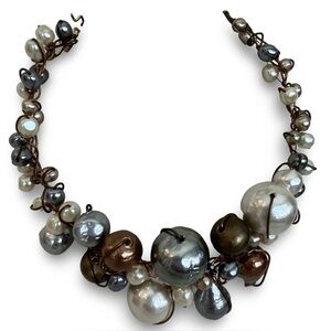 Vintage Abra Bronze, Silver and Pearl Beads and Wire Choker Necklace